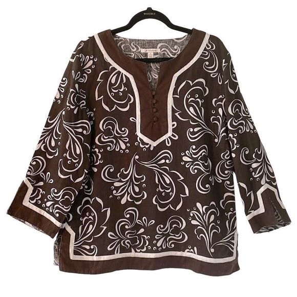 JM Collection linen tunic chocolate brown & white print & solid M - Picture 1 of 11